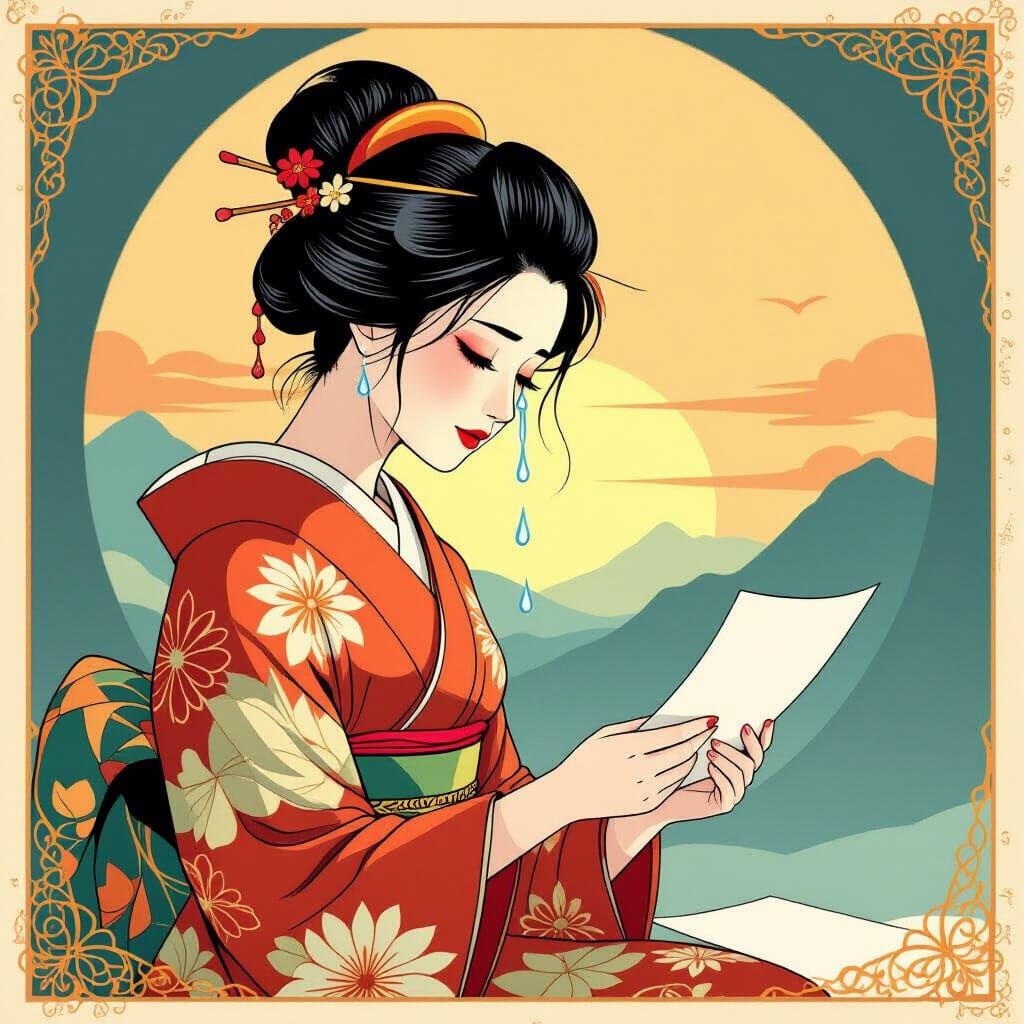 Woman in Kimono Weeping on Paper at Sunrise