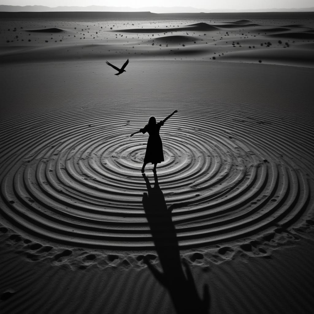 Mysterious Woman Dances in Desert Under Darkening Skies