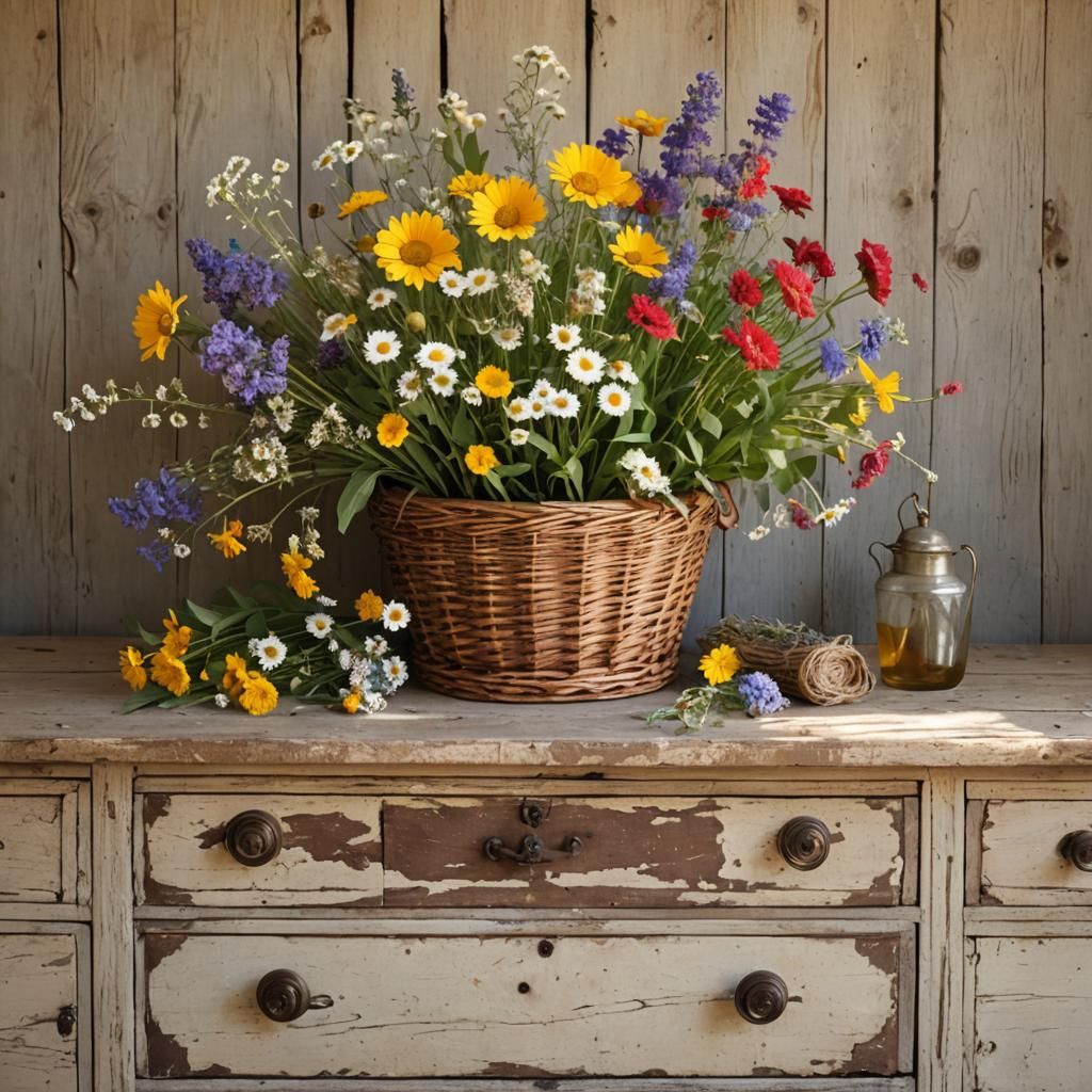 Wildflower Basket on Antique Dresser in Sunlight