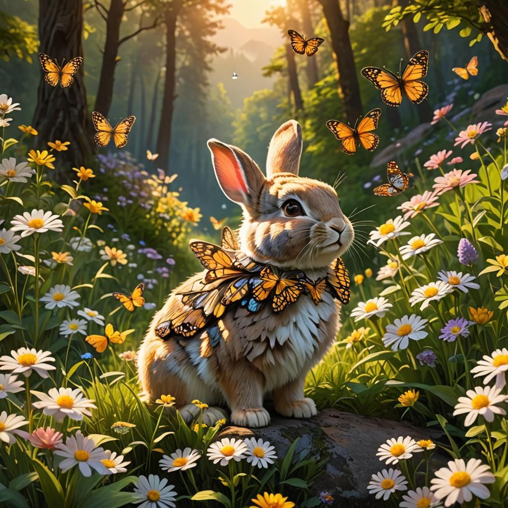 ((In a forest filled with flowers, let the cute rabbit with butterfly wings look real), sunset, golden hour, warm lighti...