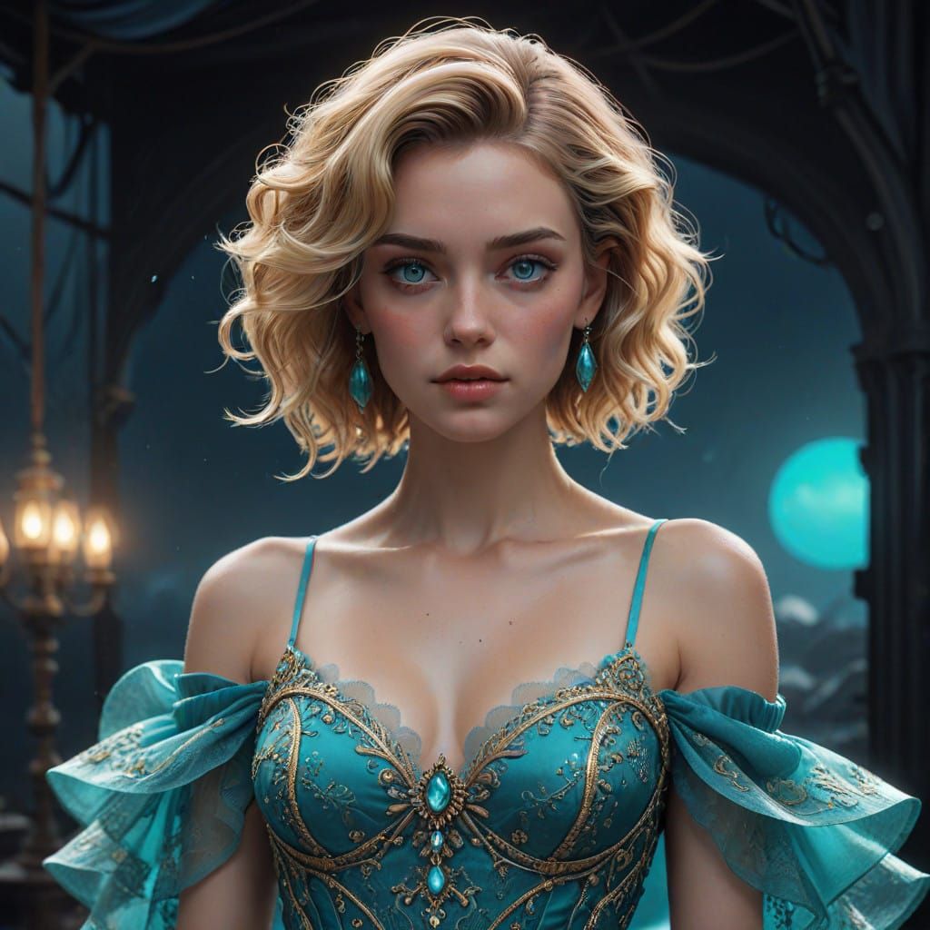 Elegant Woman in Turquoise Ball Gown, Curly Blonde Hairstyle...