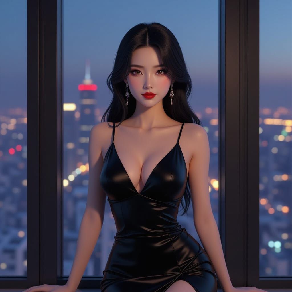 Elegant Woman in Black Dress, Anime Style