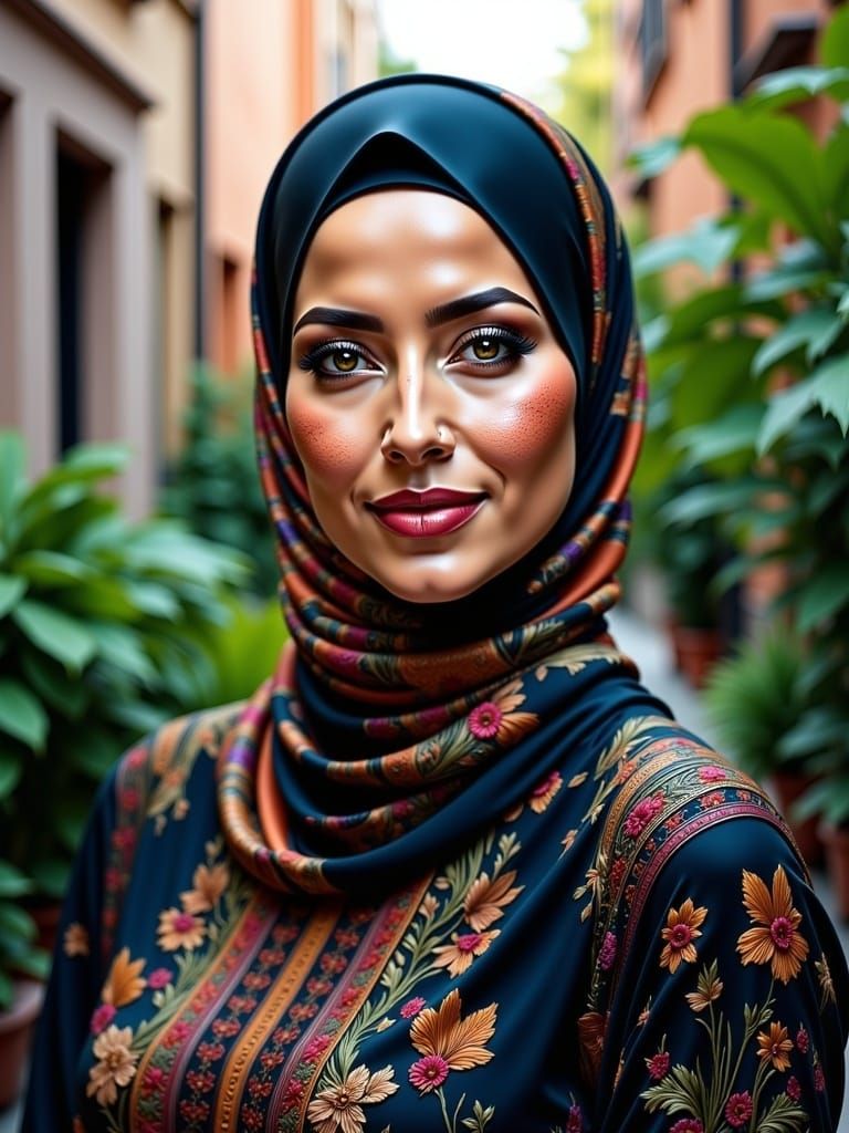Beautiful Hijabi Woman in Cozy Urban Oasis
