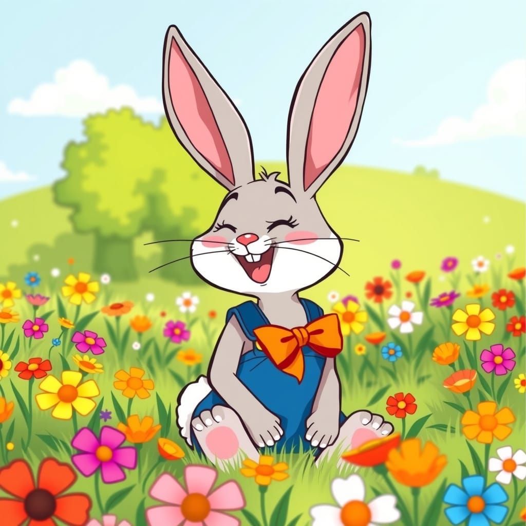 Laughing Bunny in Sunny Meadow Cartoon Style
