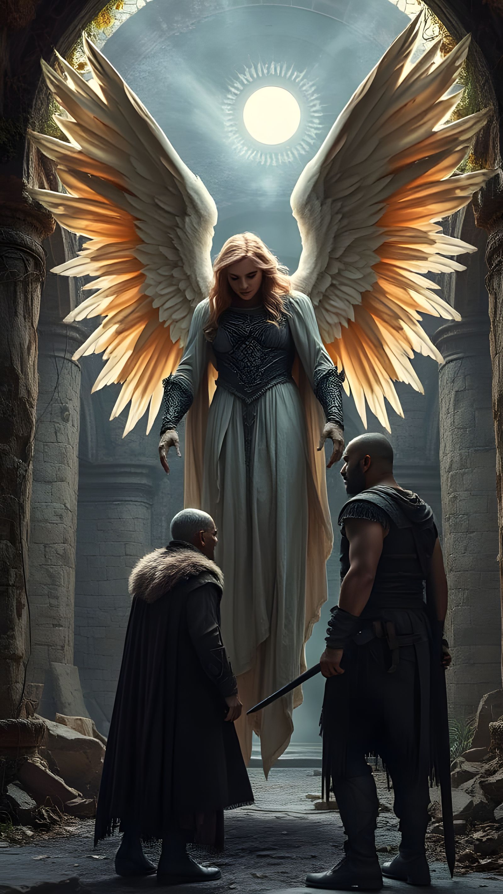 Heavenly Angel Confronts Ancient Warrior in Ruins