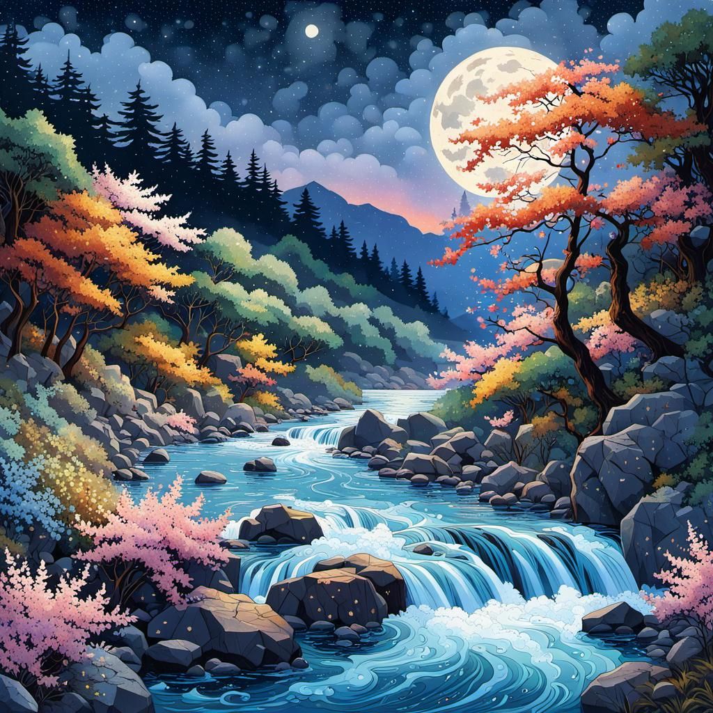 Ukiyo-e River Scene with Mosaic Starry Sky