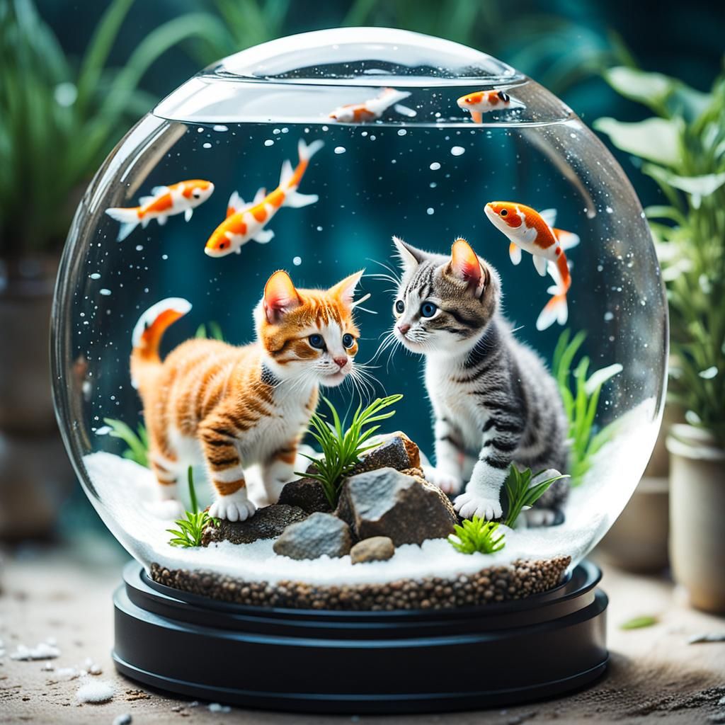 Kittens Playing Outside Snow Globe Aquarium
