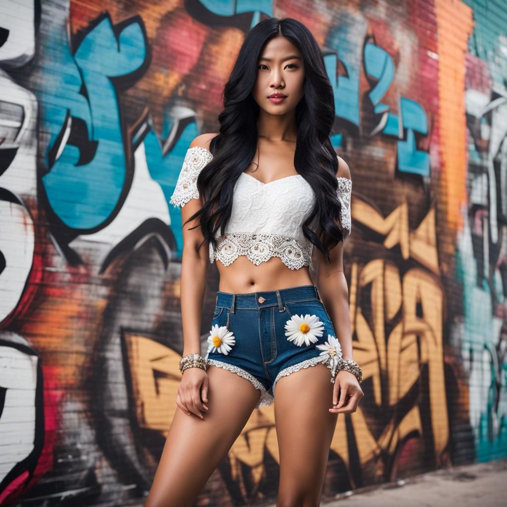 Trendy Woman Posing in Front of Graffiti Wall