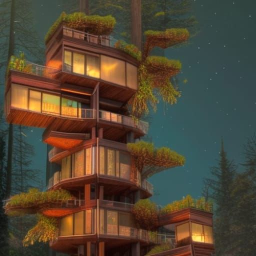 Illuminated Glass Treehouses in Redwood, Biopunk Style