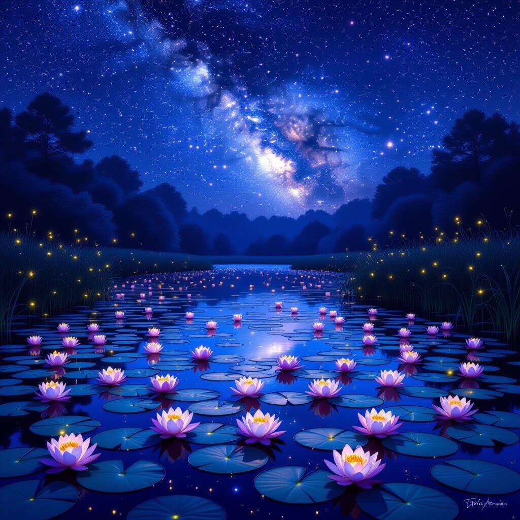 Serene Lily Pad Pond Aglow with Fireflies Under Starry Night...