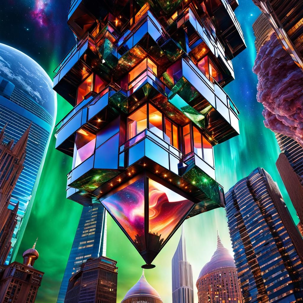 Moldavite House Suspended Over Sci-Fi Cityscape