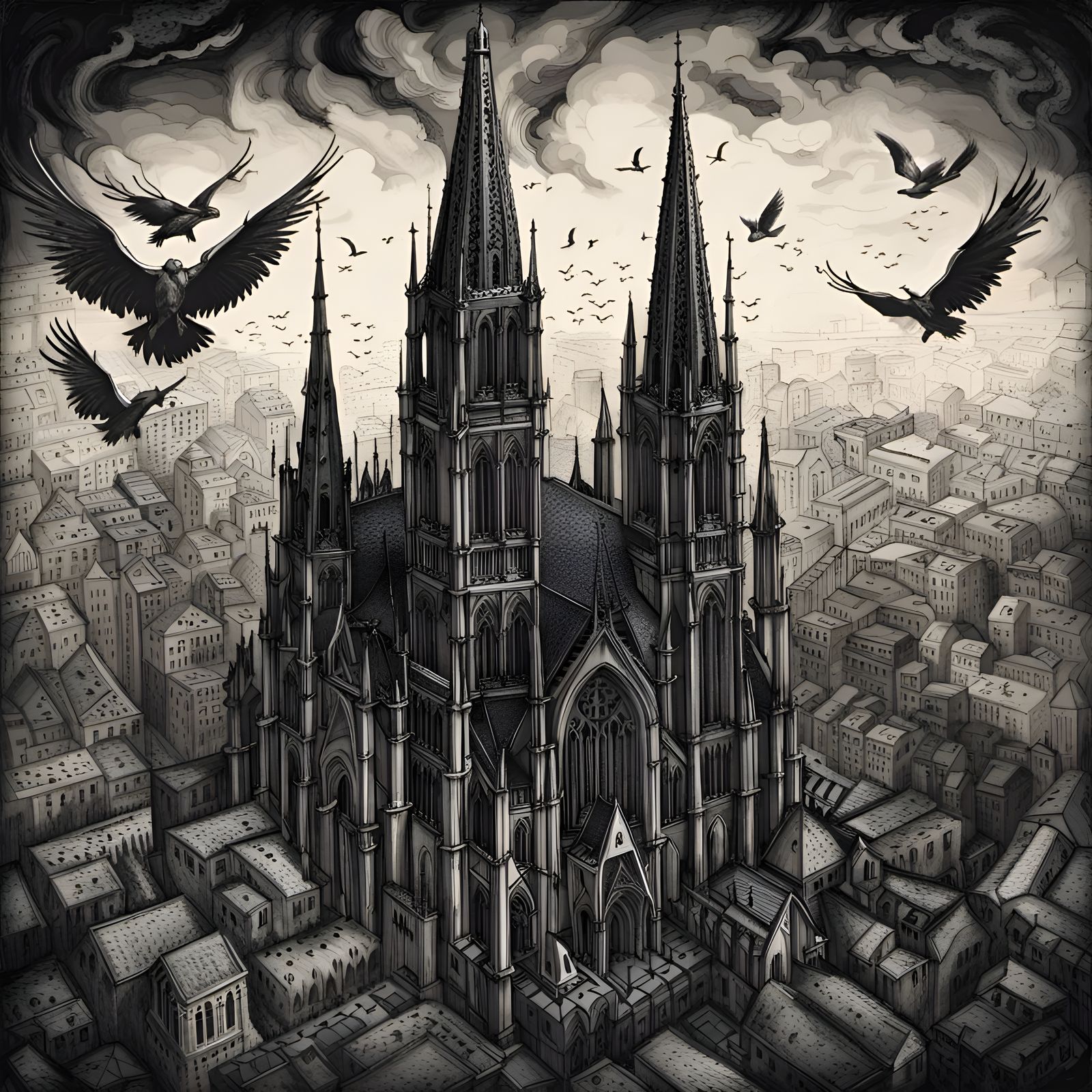 Gothic Cathedral in Dark City: Monochrome Illustration