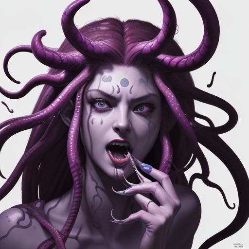 Hyperrealistic Medusa with Fangs in Splash Art Style