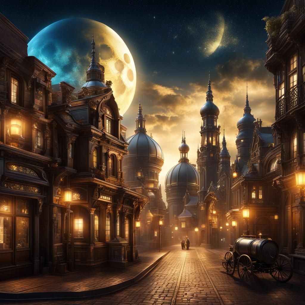 Steampunk City at Night Under Moonlight