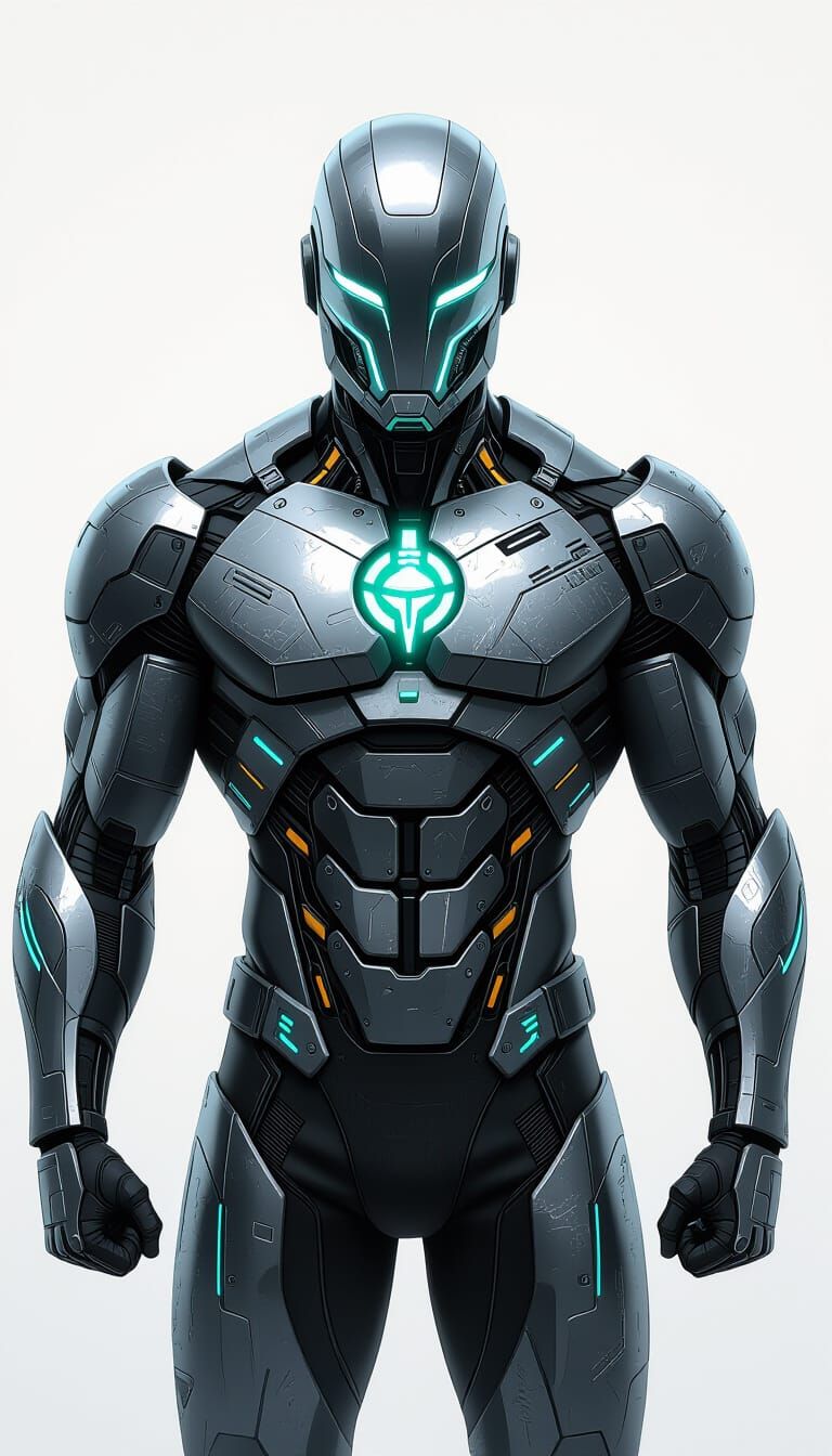 Cybernetic Superhero with Alien Symbol in Futuristic Style