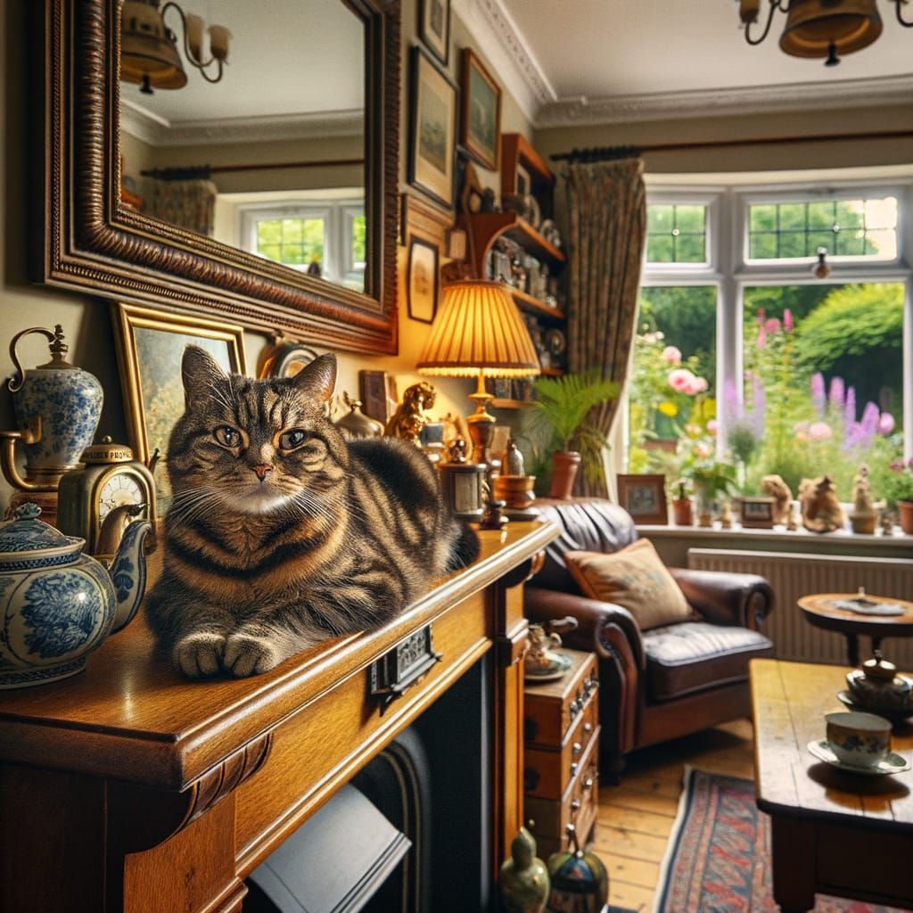 Cozy English Home with Tabby Cat on Mantelpiece
