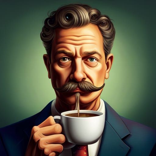 Man with Mustache Drinking Coffee in Splash Art Style