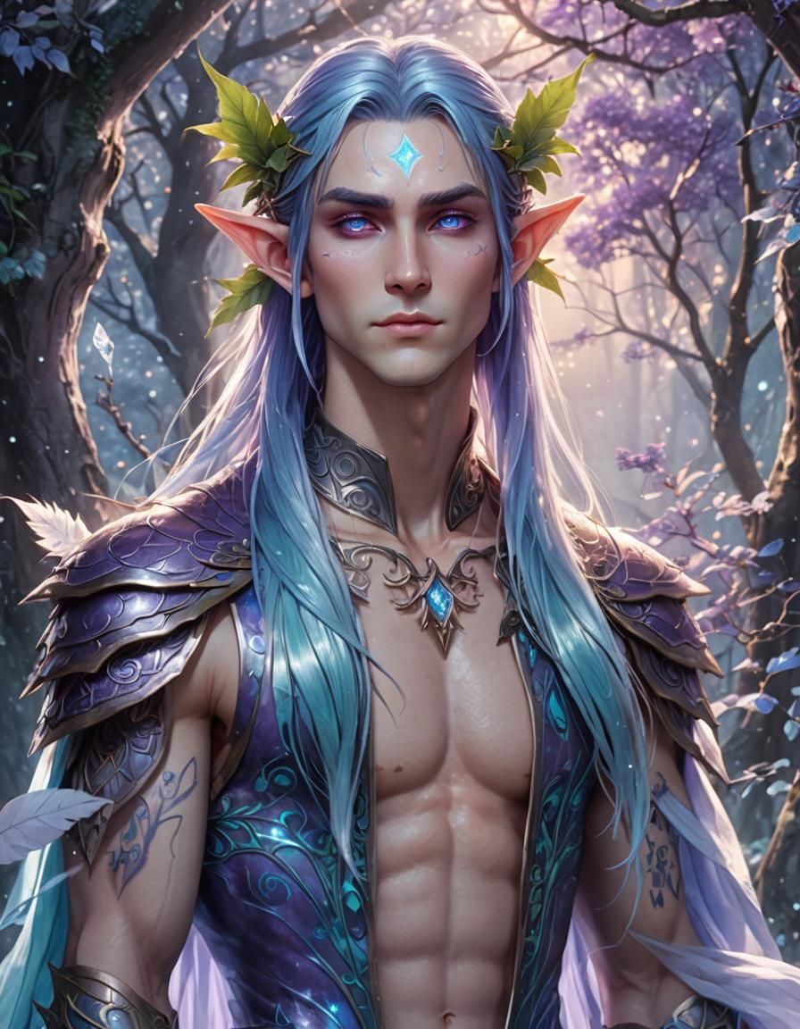 Elegant Elf with Glowing Tattoos in Anime Style