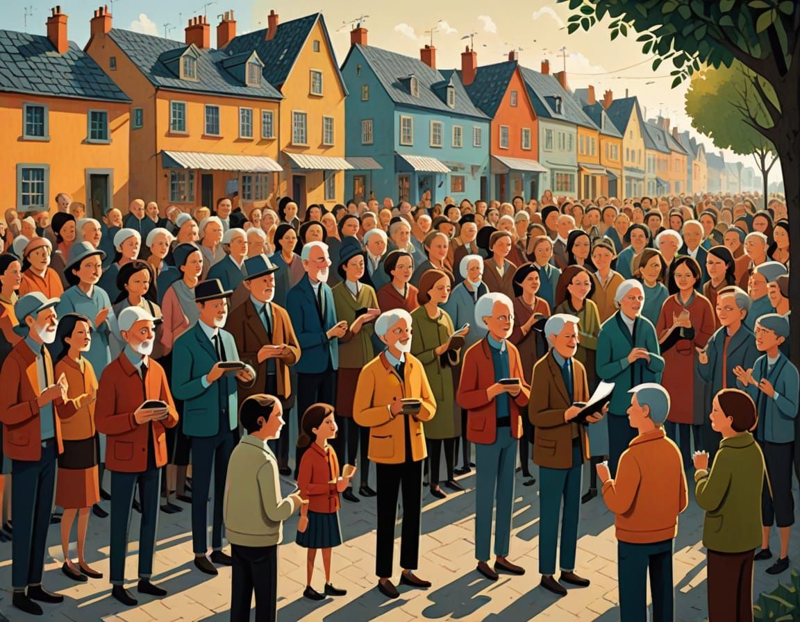 Naive Folk Art Townspeople Singing on Stage