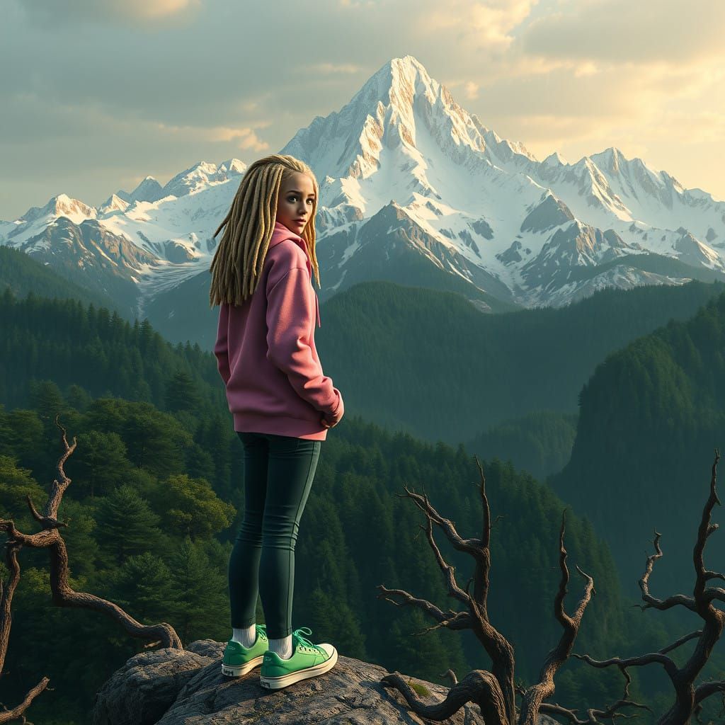 Girl with Vibrant Hair Standing in Majestic Mountain Landsca...