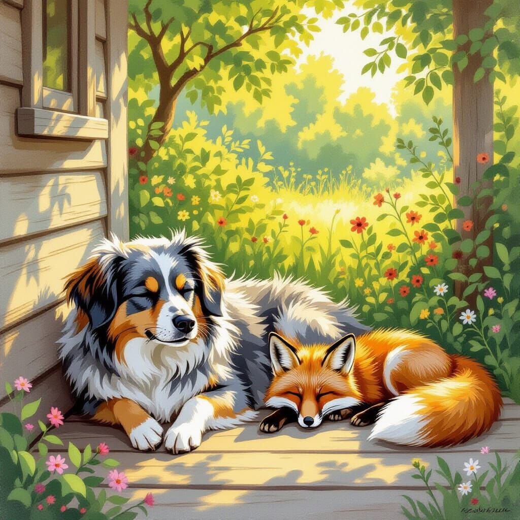 Old Dog and Fox Relaxing on Porch in Summer Storybook Style