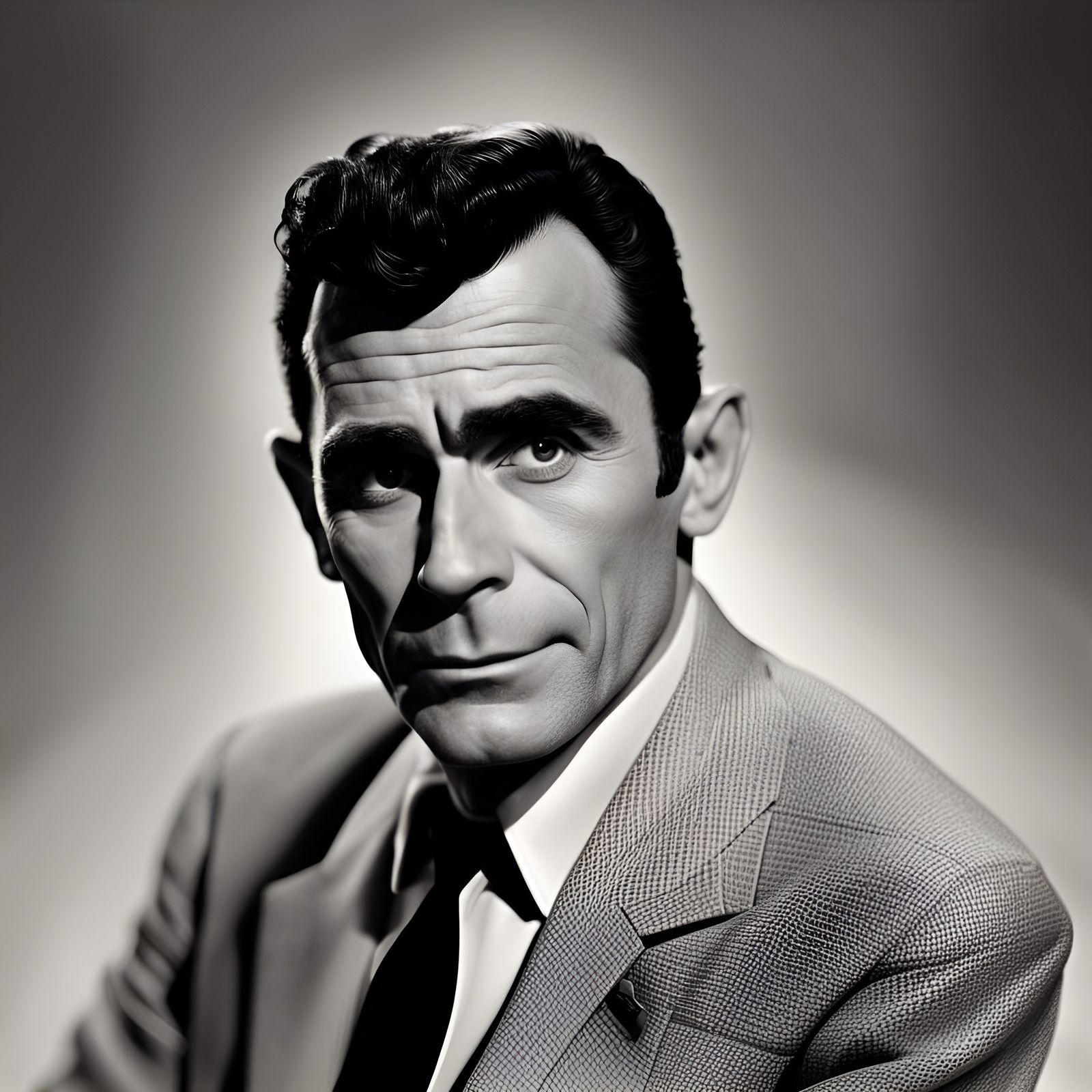 Classic Black and White Portrait Reminiscent of Twilight Zon...