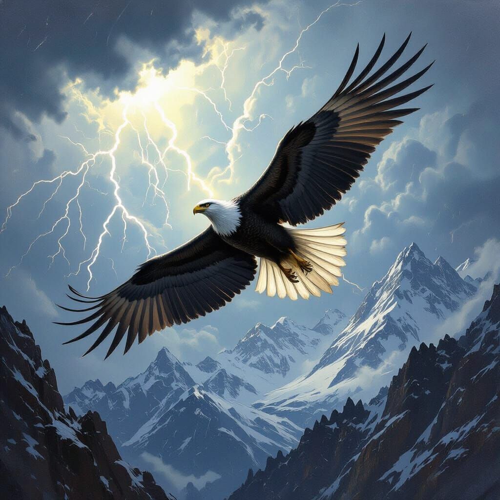 Griffin Soaring Through Stormy Skies in Landscape Painting S...
