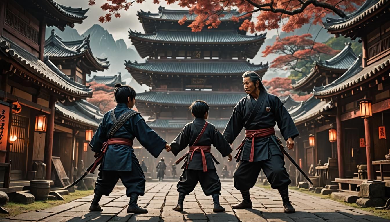 Young boy and old apprentice japanys master ninja training E...