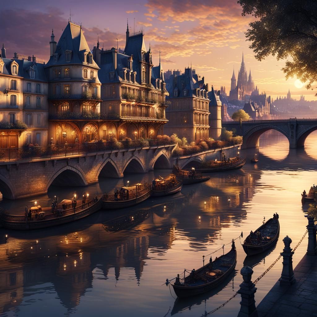 Steampunk Seine River at Dusk: Fantasy Cityscape