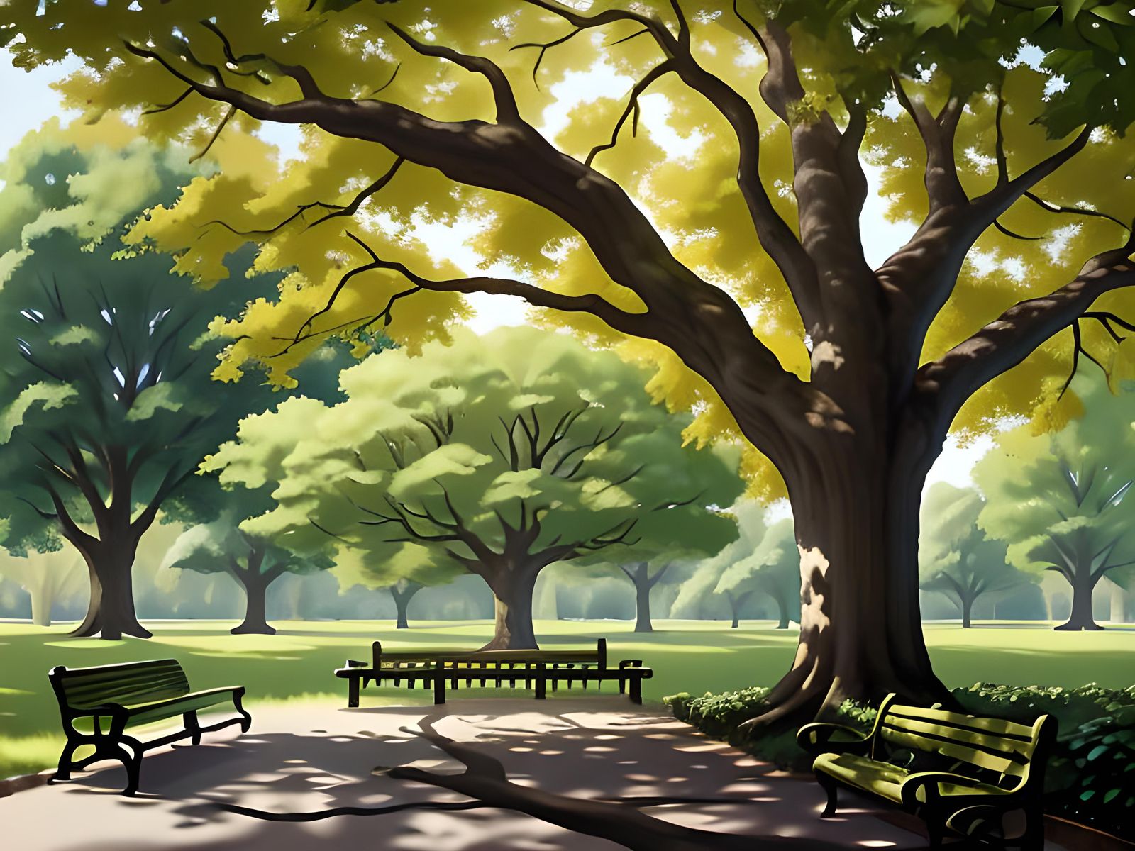 Sun Dappled Park Bench Under Oak Tree