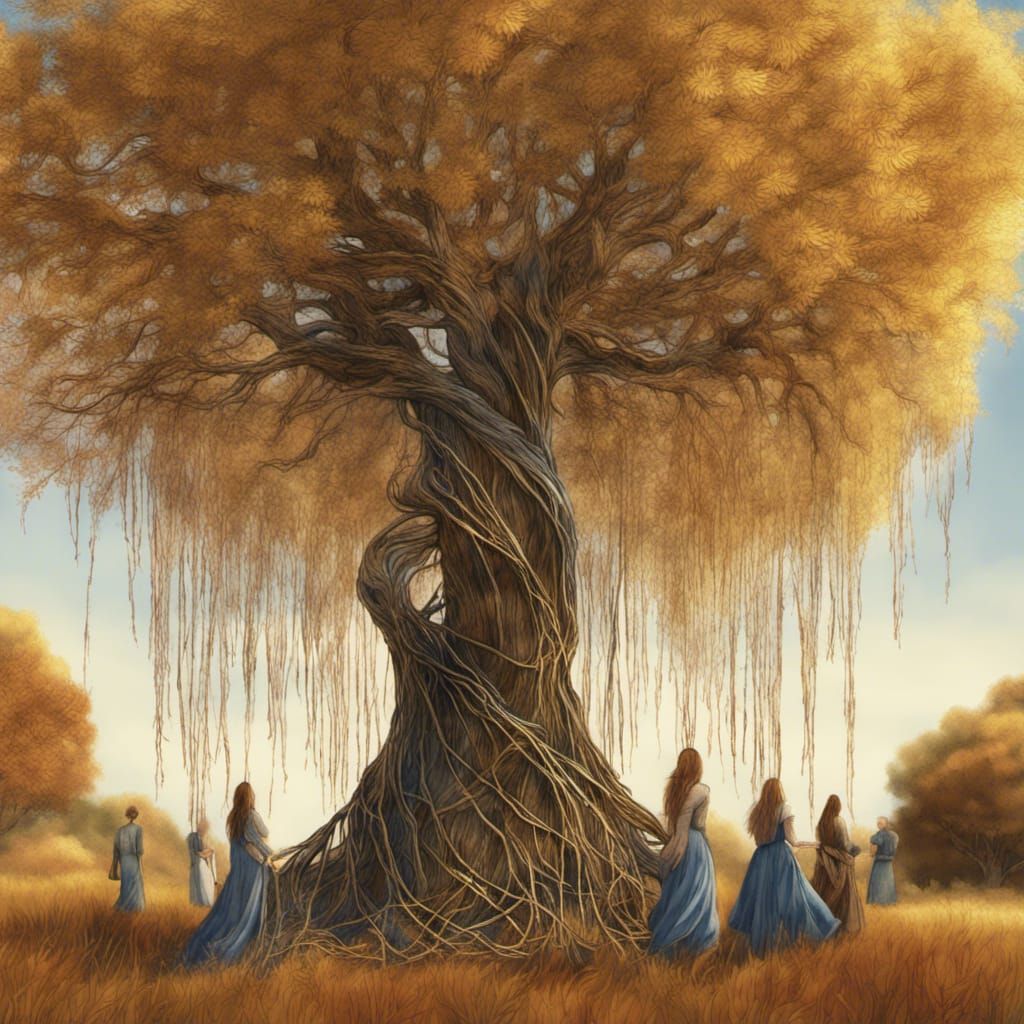 Woven Willow Tree with People in Autumnal Colors