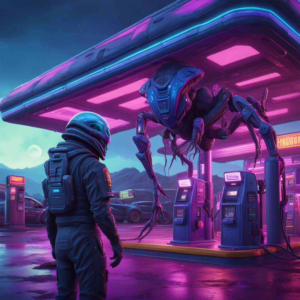 Alien Synthwave Gas Station with Insectoid Attendant