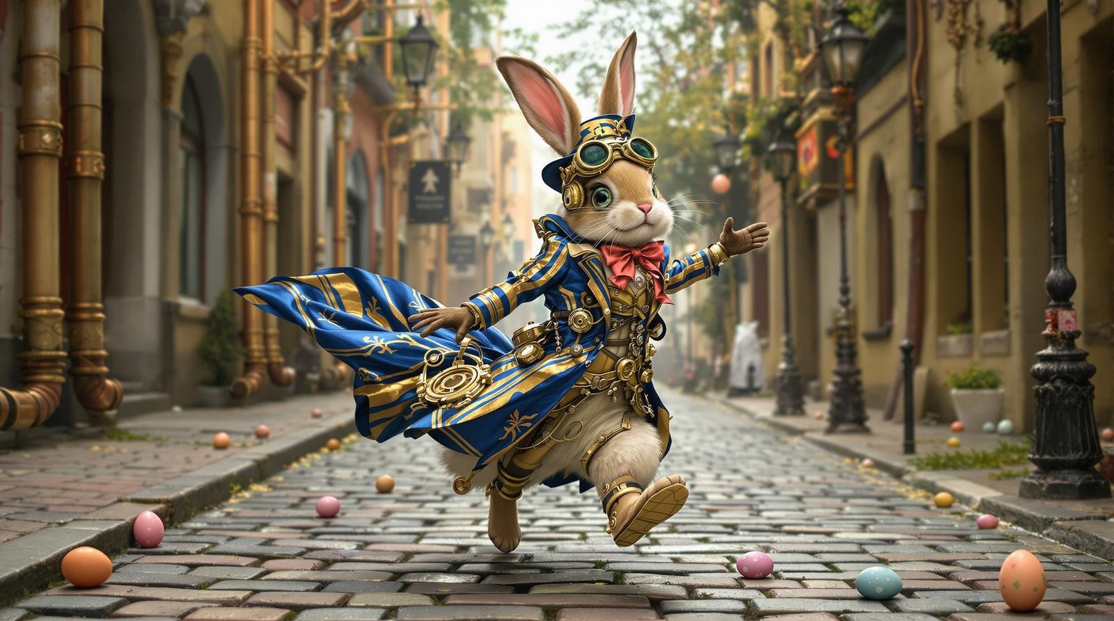 Steampunk Easter Bunny Hopping Down a Magical Street
