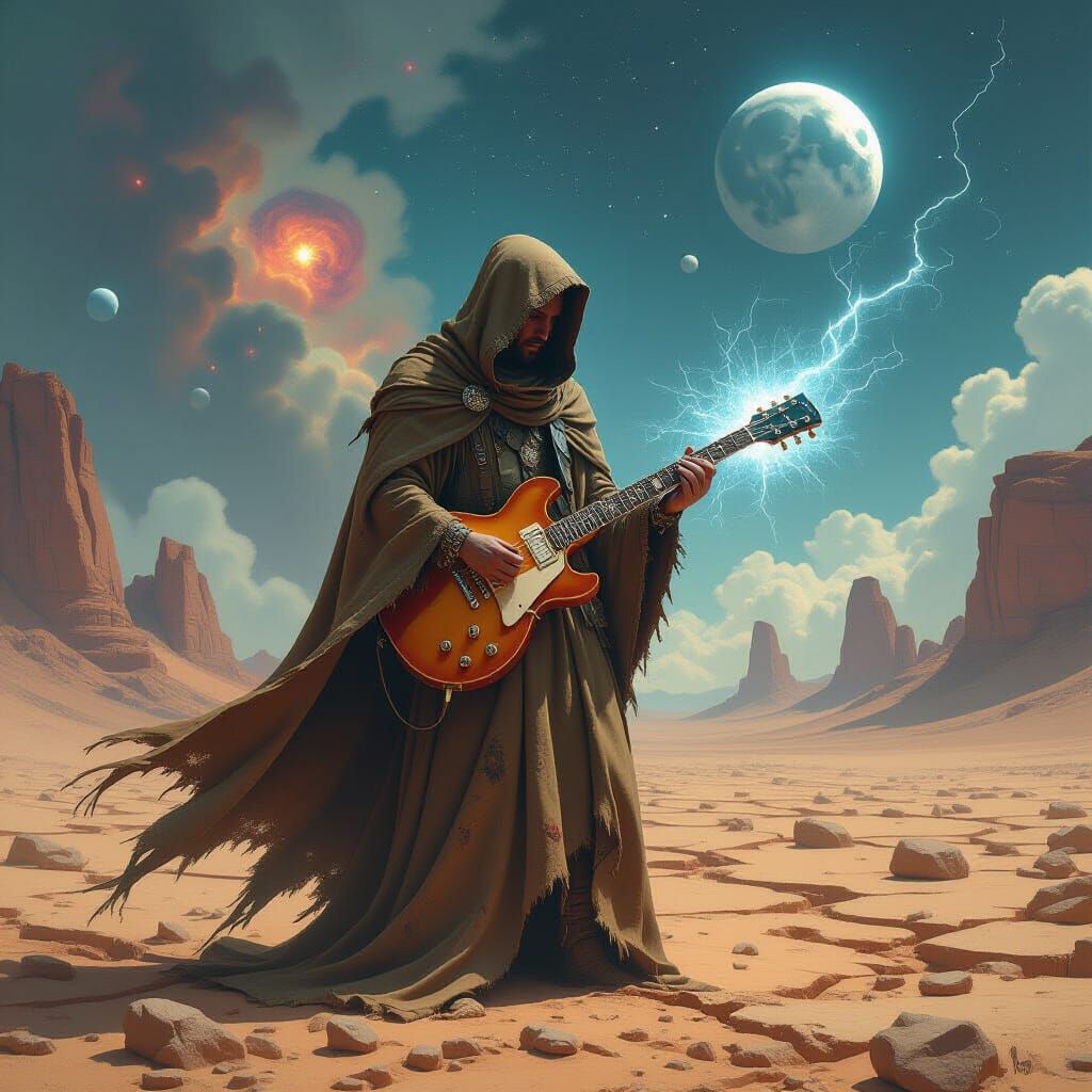 Cosmic Guitarist on Alien Plain in Dark Fantasy Style