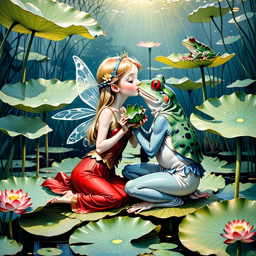 Fairy Tale: Fairy Kissing Frog on Lotus Leaf