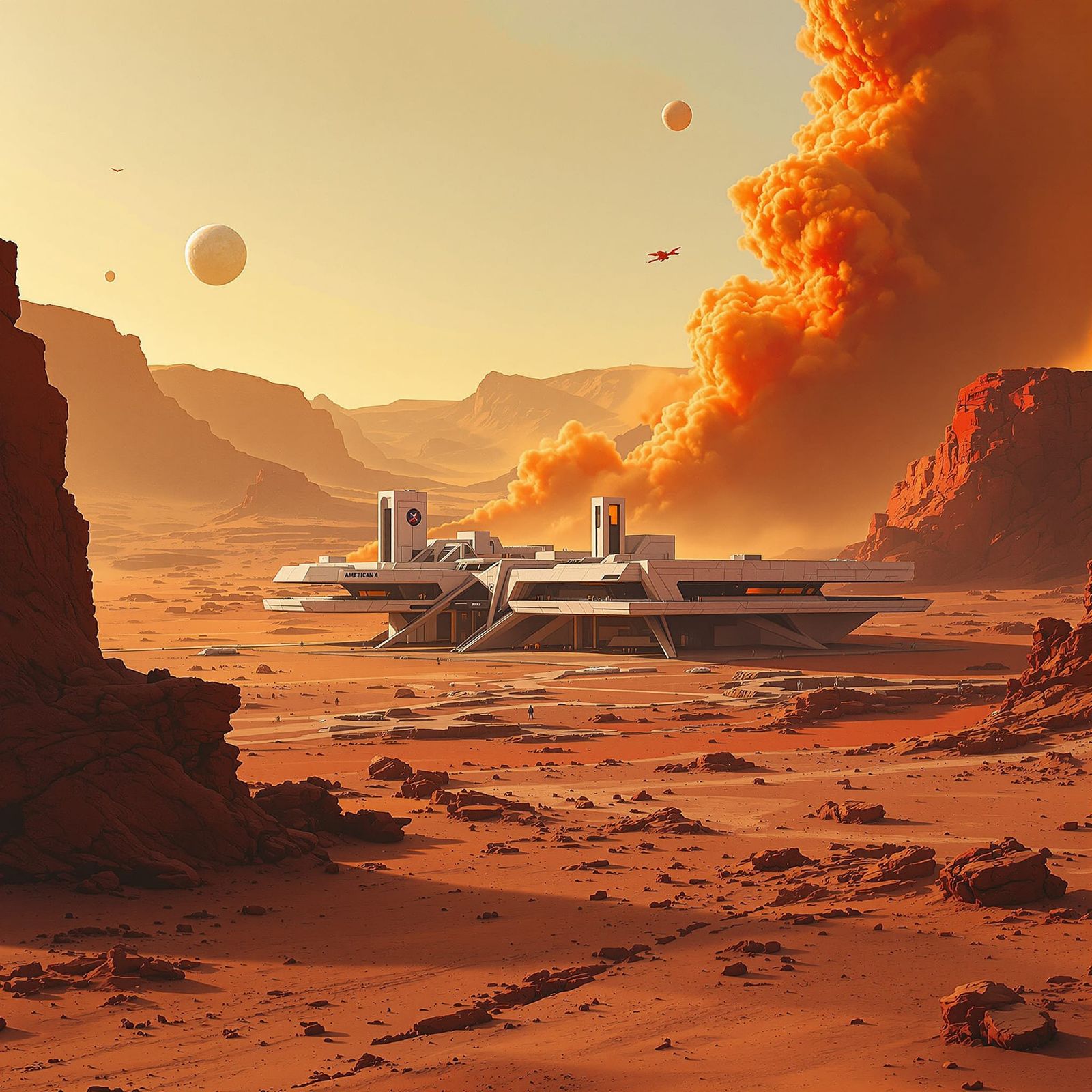 Brutalist American Embassy on Mars at Golden Hour