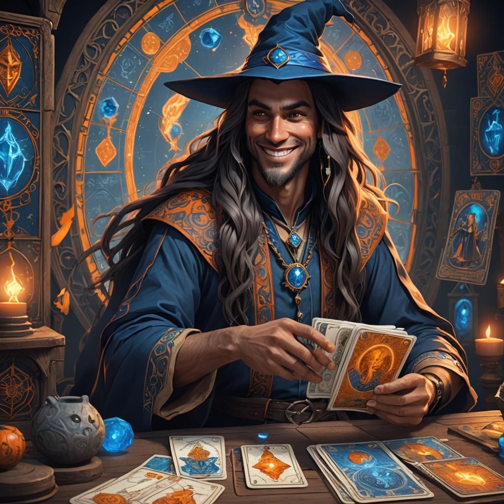 Smiling Mythical Witch Reads Tarot, 3D Shading