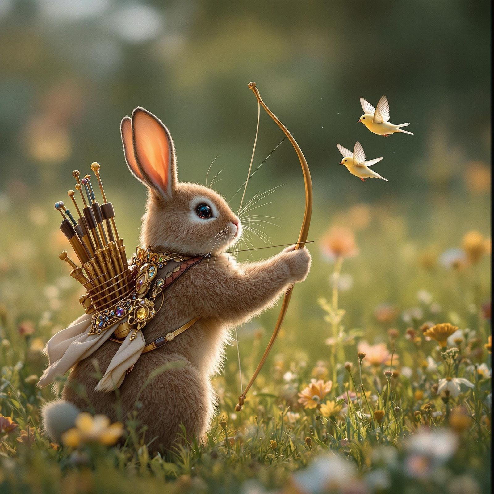 Regal Bunny Aims Golden Bow at Iridescent Songbirds in Encha...