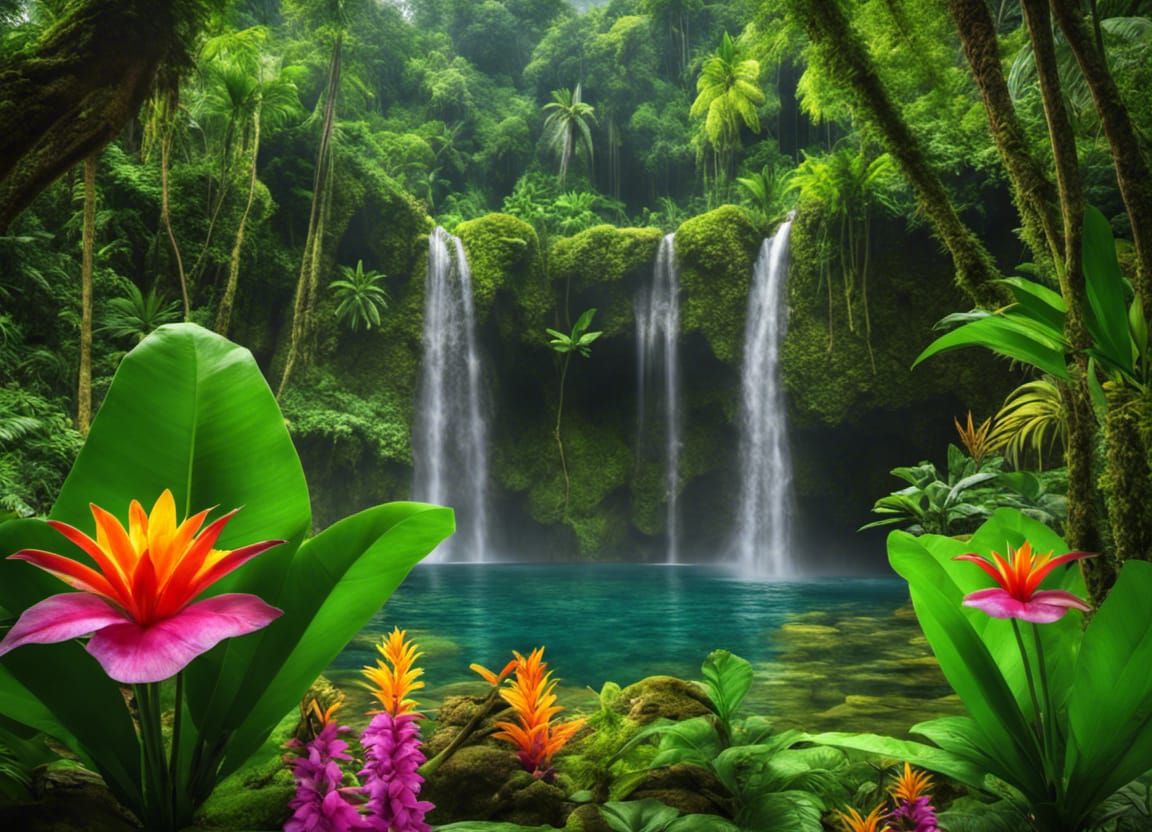 Lush Indonesian Rainforest Waterfall in Photorealism