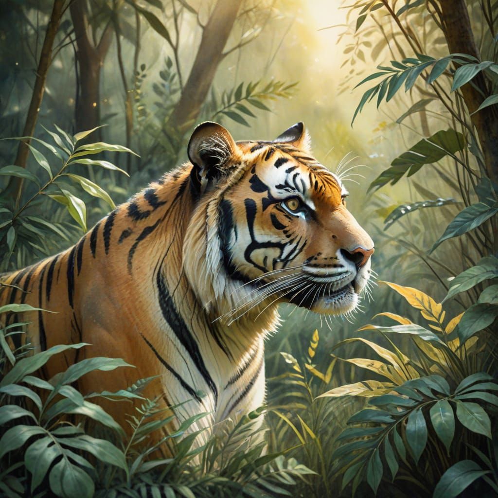 Watercolor Tiger in Jungle with Golden Lighting