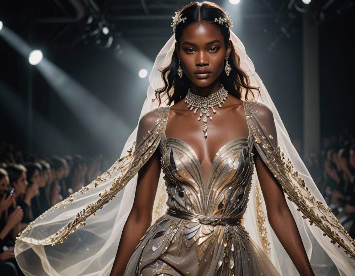 Confident Model Struts Down a Haute Couture Catwalk in Drama...