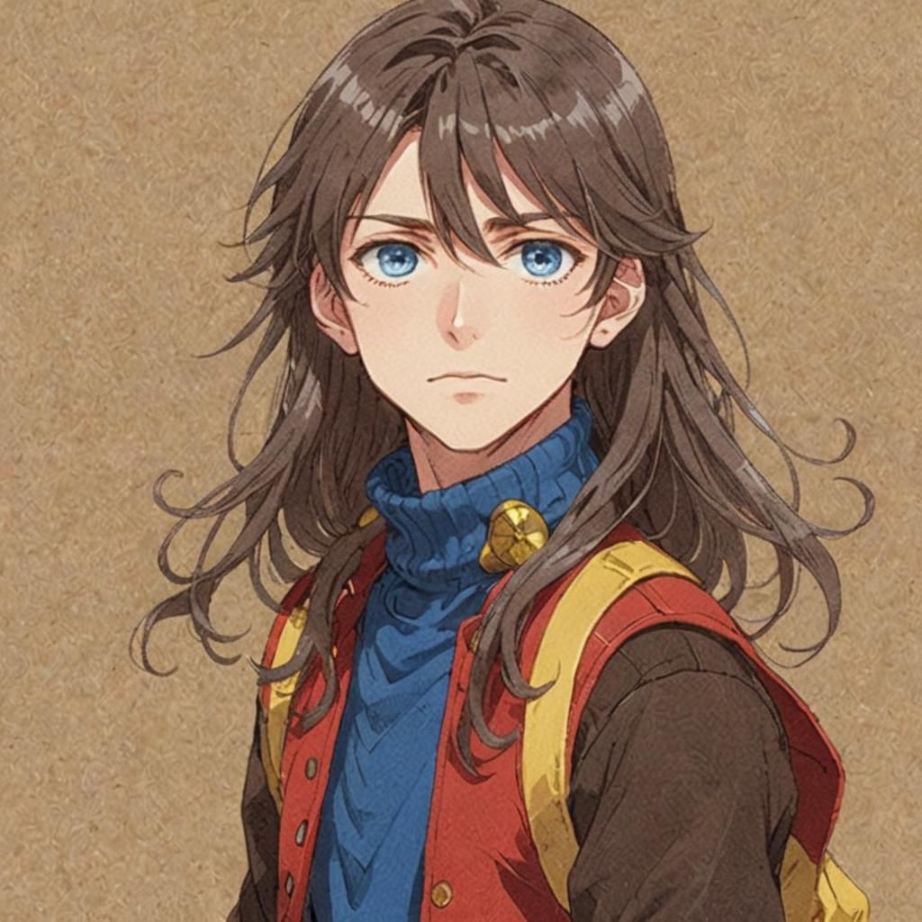 A young man with long, brown hair and blue eyes. He is weari...