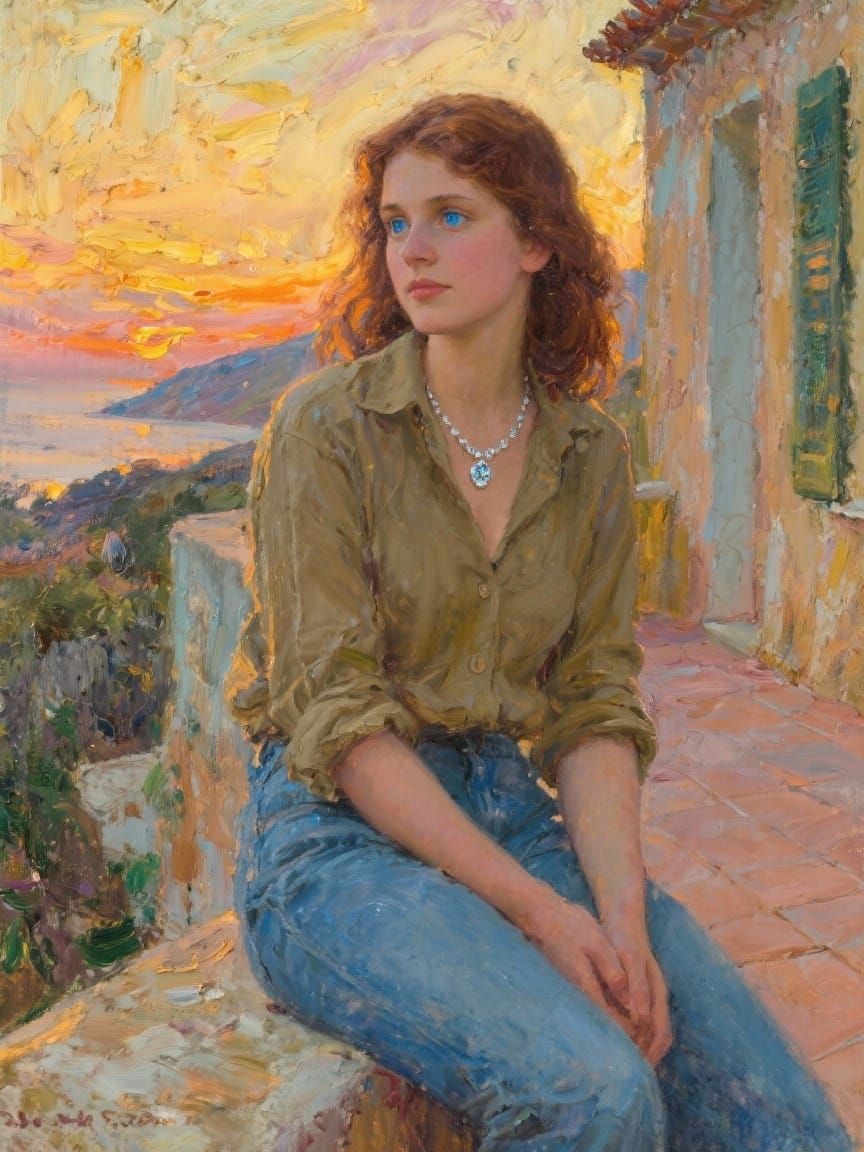 American Woman on Mallorca Terrace at Sunset, Oil Painting