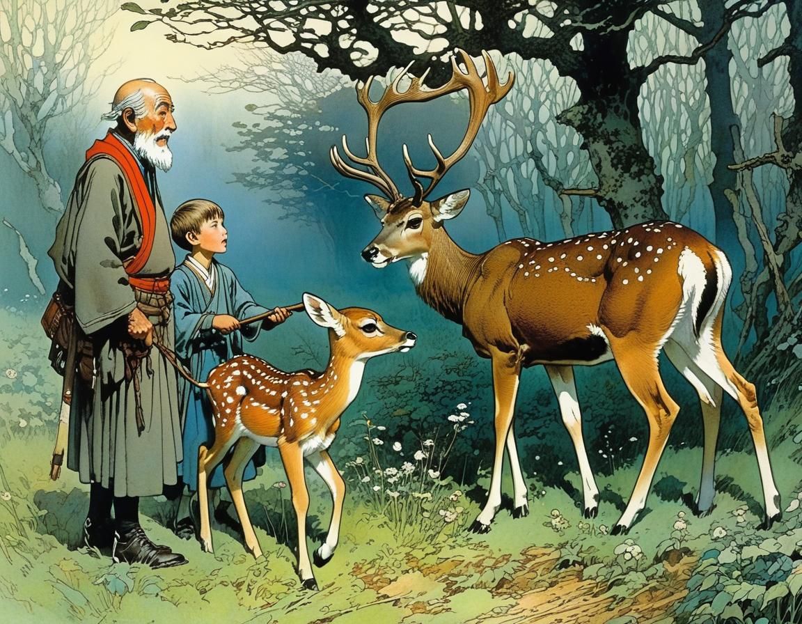 Grandfather Teaches Children Deer Care in Detailed Illustrat...
