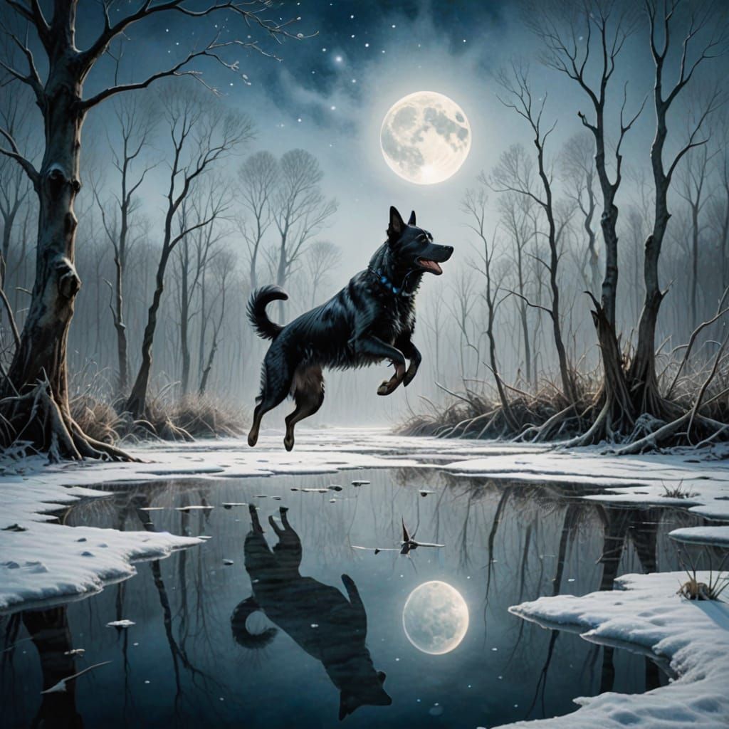 Ethereal One-Legged Dog Dances in Frozen Swamp Landscape