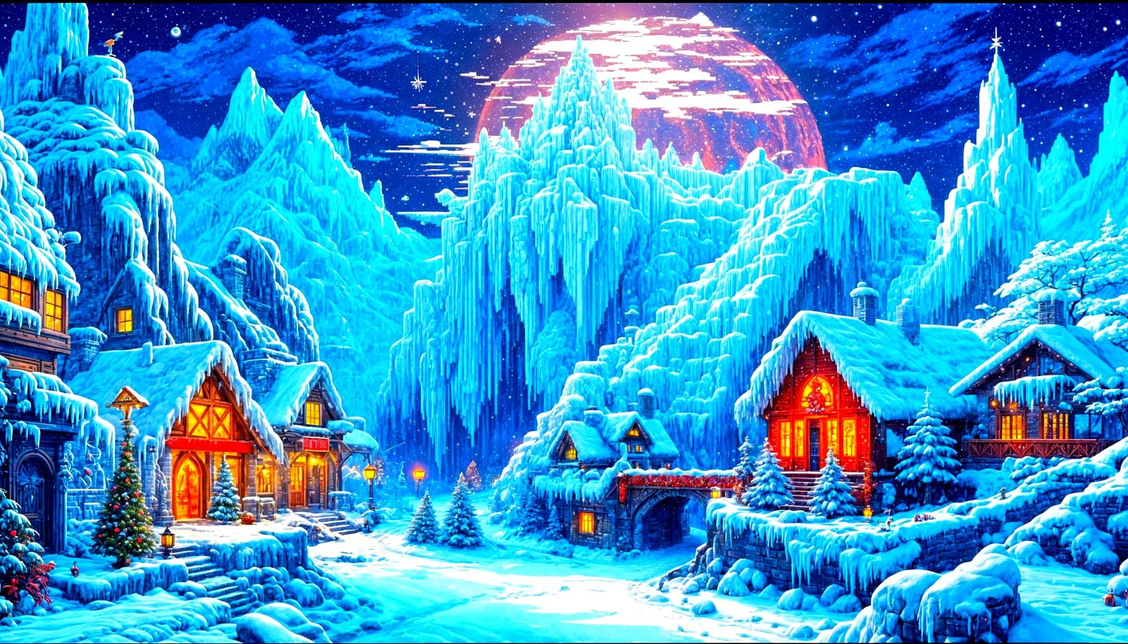 Pixel Art Winter Village on Glacier at Christmas