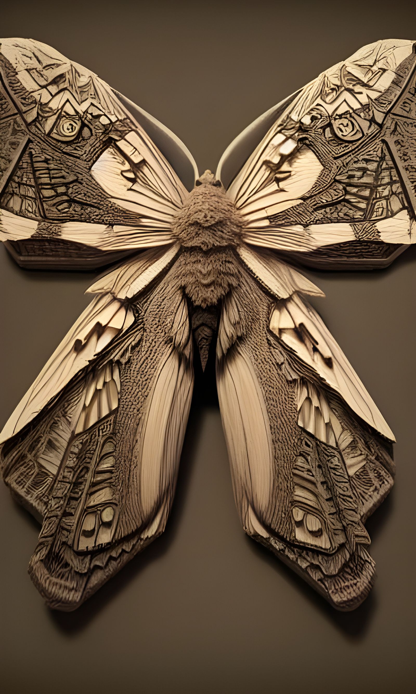 Intricate Wooden Moth Carving: 3D Digital Art