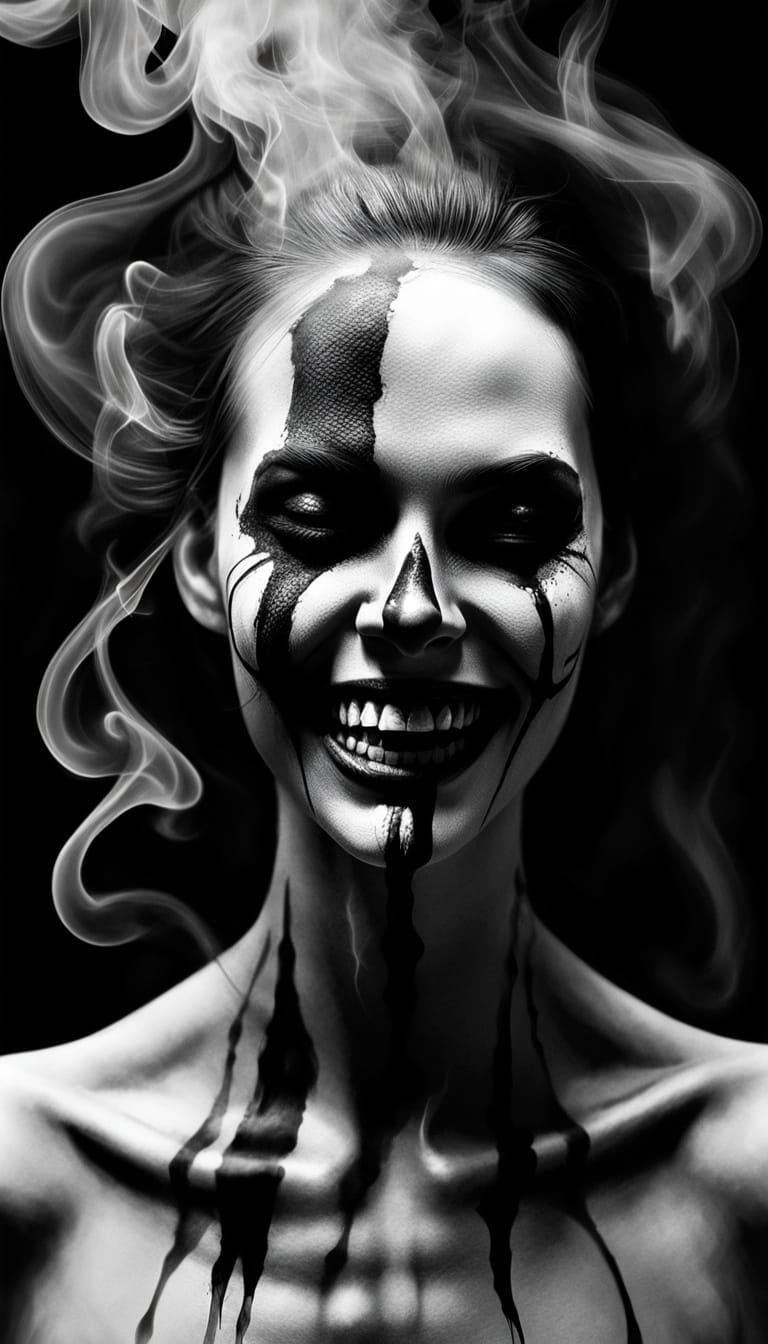 Macabre Charcoal Drawing of a Woman with Smoke