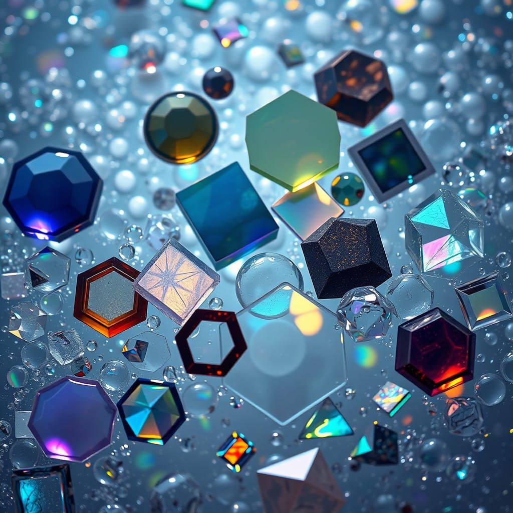 Vibrant Geometric Shapes in Iridescent Glass with Labradorti...