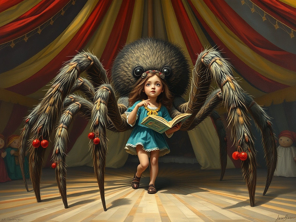 Surreal Circus Spider Girl: Impressionist Oil Painting